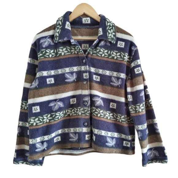 Leaf Print Stripe Neutral Tones Fleece Sweater - Picture 1 of 5